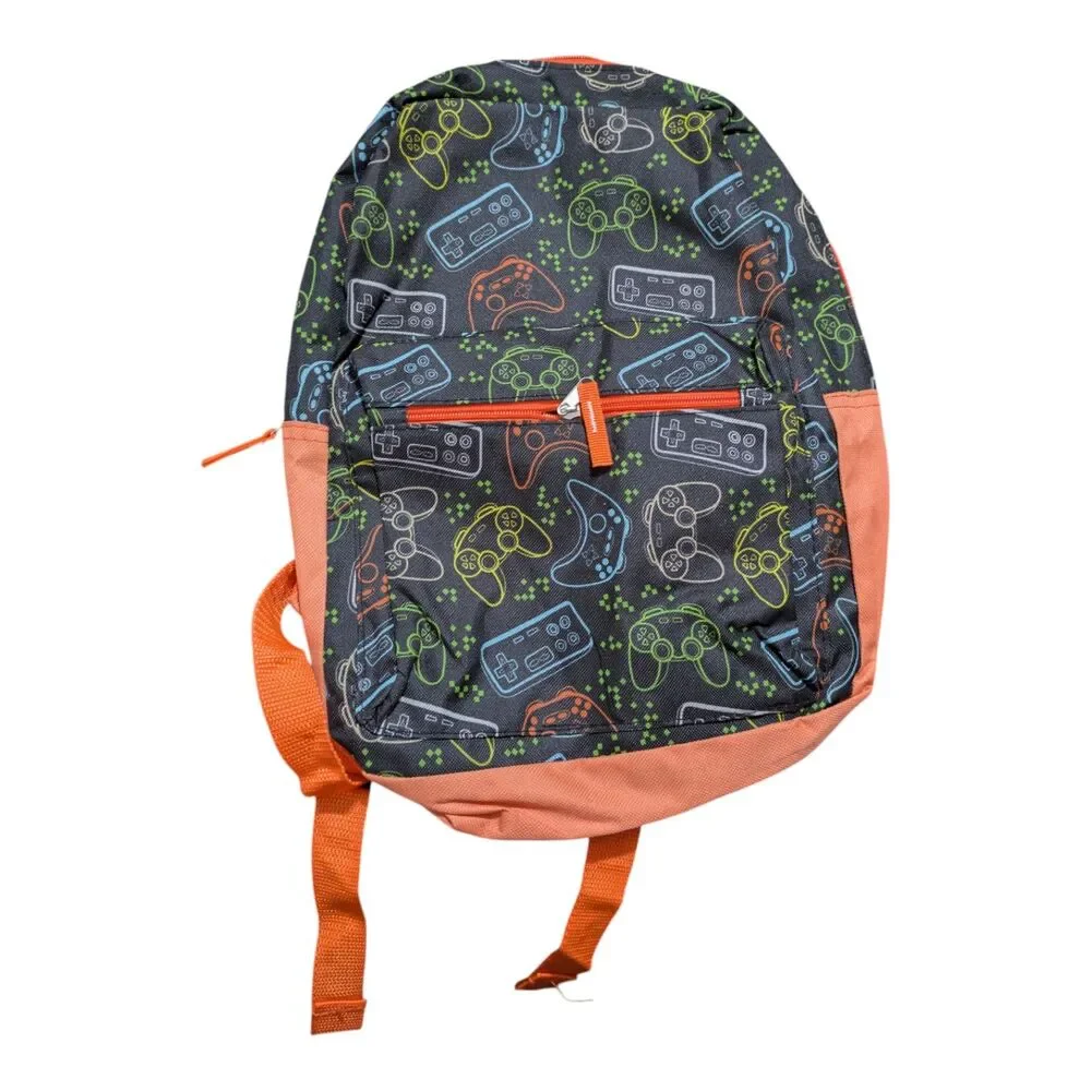 Moda West Backpack | Gamer Controller Print | Orange & Black School Bag